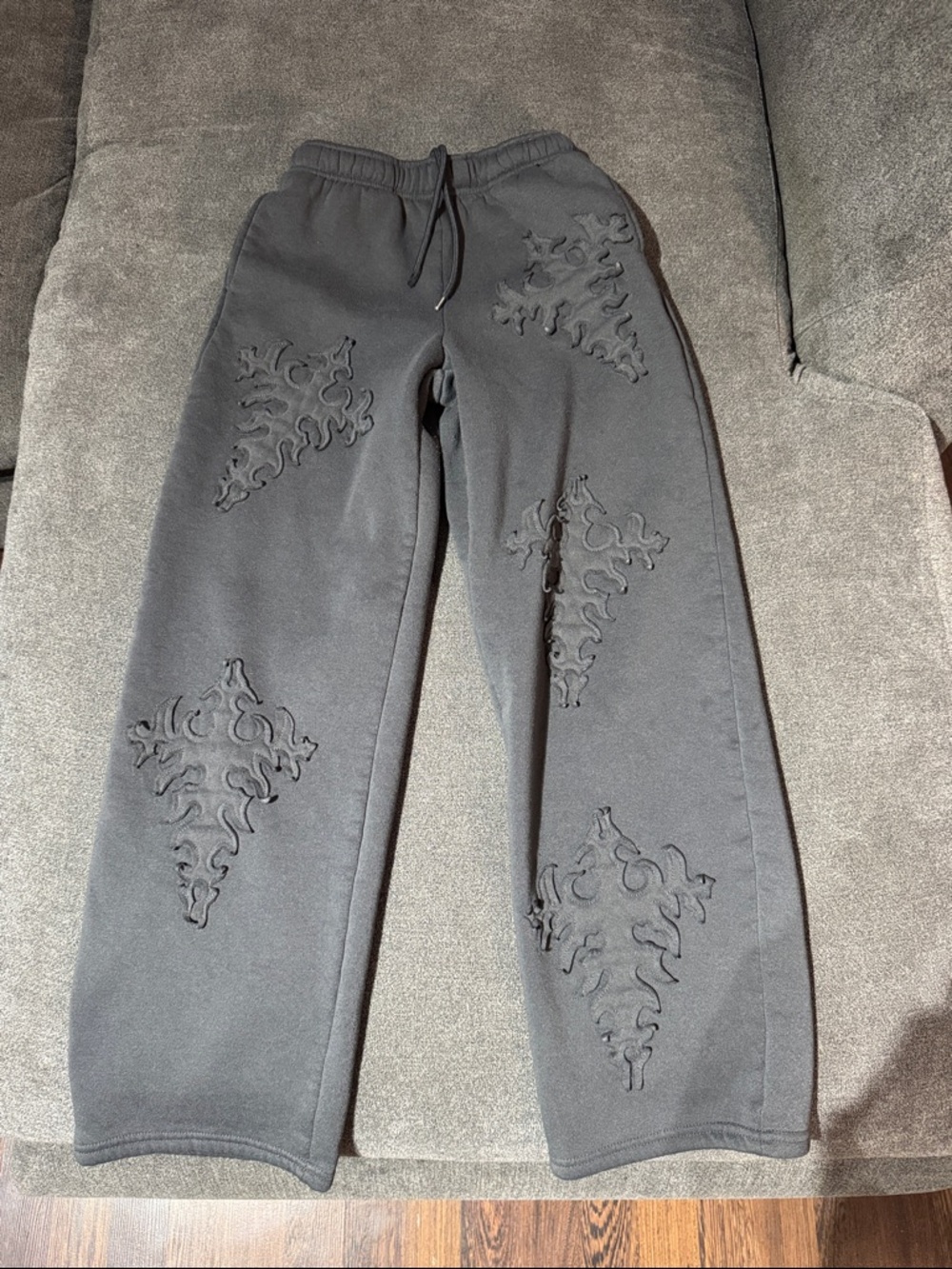 Sunday Retreat Dark Gray Embroidered Sweatpants w Raised Appliqué (stained back)